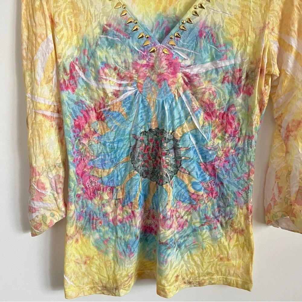 Y2K Boho Fairy Top with Psychedelic Sun Print & Gold Studded Neckline Size M - Picture 3 of 7